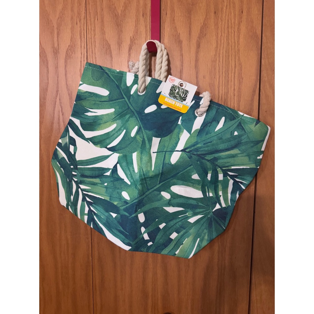 Summer's Eve Beach Tote Tropical Monstera Leaf Print Rope Handle Canvas Bag NWT